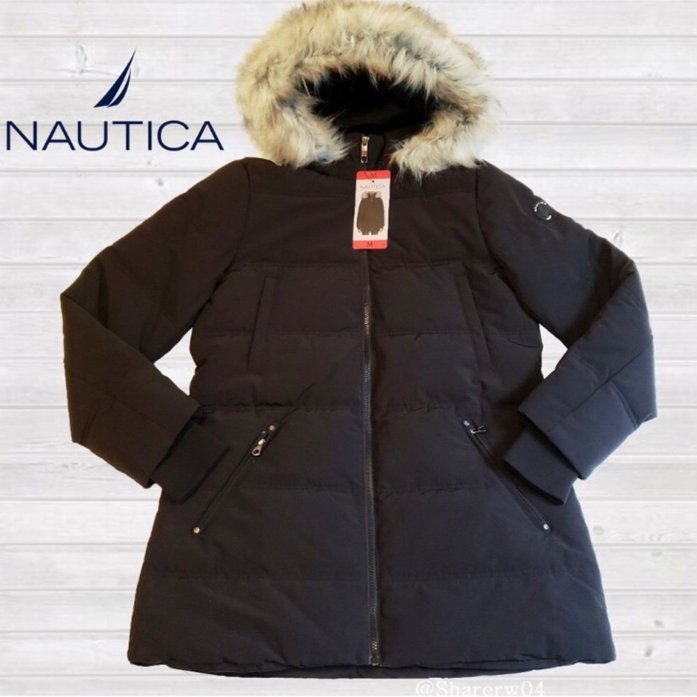 Nautica Women's Dark Puffer winter coat with Faux Fur Trim